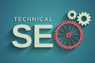 A blueprint of a website's architecture with gears representing technical SEO elements.