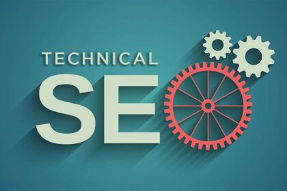 A blueprint of a website's architecture with gears representing technical SEO elements.