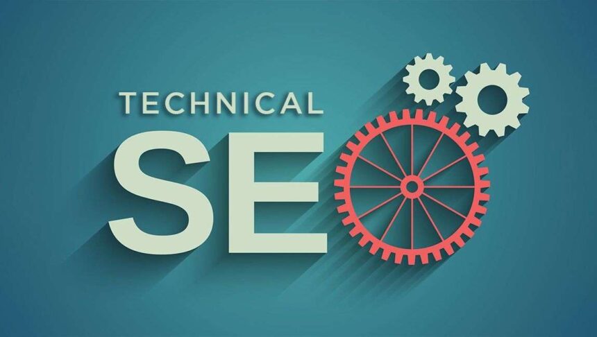A blueprint of a website's architecture with gears representing technical SEO elements.