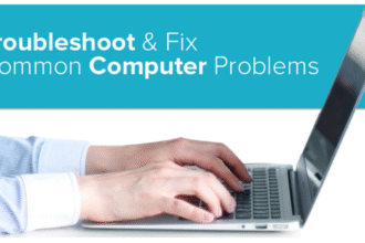 A frustrated person looking at a slow computer with a spinning hourglass icon on the screen, illustrating a common computer problem