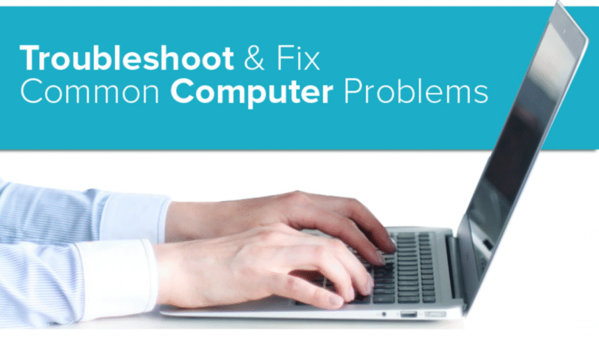 A frustrated person looking at a slow computer with a spinning hourglass icon on the screen, illustrating a common computer problem