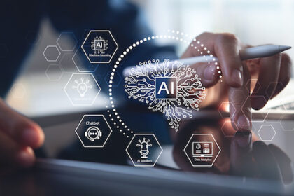 A student interacts with a holographic AI tutor in a futuristic classroom, illustrating the concept of AI in education.