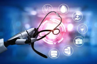 An illustration of a doctor and a robot looking at a glowing brain scan together, symbolizing the collaboration between humans and AI in healthcare.