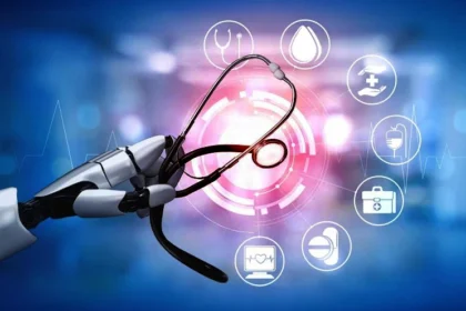 An illustration of a doctor and a robot looking at a glowing brain scan together, symbolizing the collaboration between humans and AI in healthcare.
