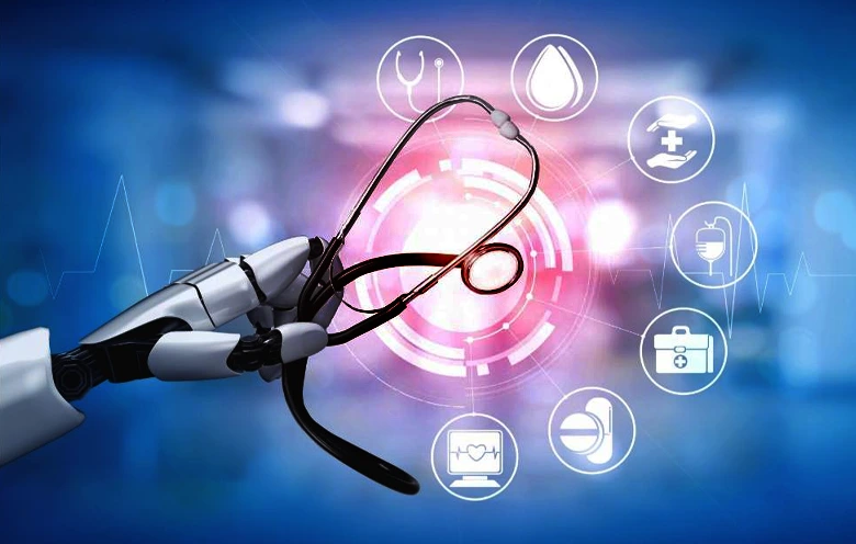 An illustration of a doctor and a robot looking at a glowing brain scan together, symbolizing the collaboration between humans and AI in healthcare.