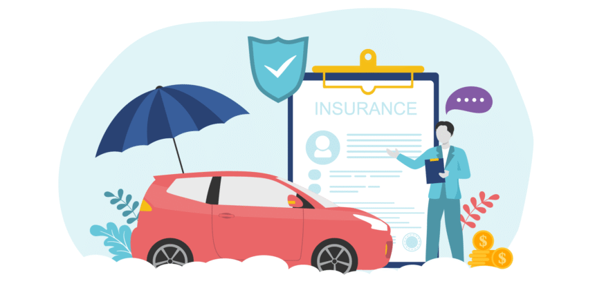A diverse group of young adults looking confidently at a car insurance policy document
