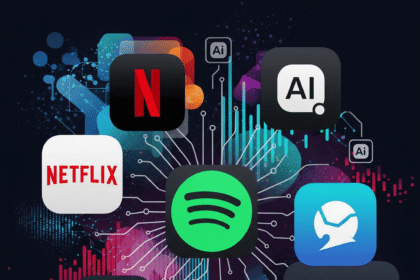 A collage of popular app icons like Netflix, Spotify, and Amazon, representing how AI recommendation engines are used in daily life