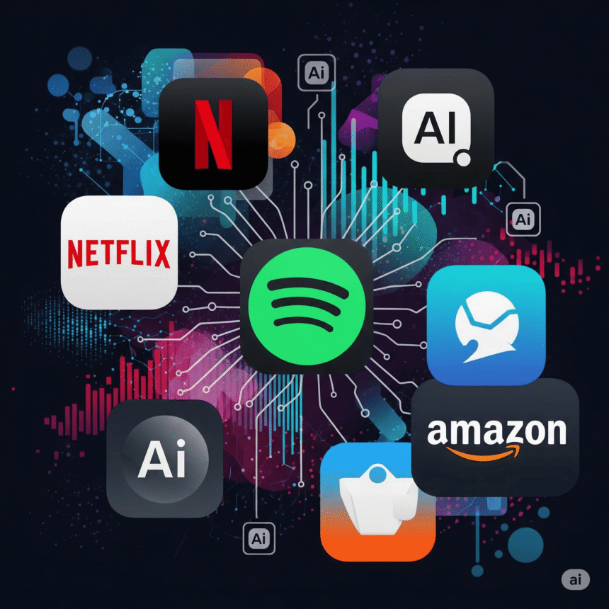A collage of popular app icons like Netflix, Spotify, and Amazon, representing how AI recommendation engines are used in daily life