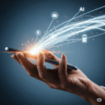 A smartphone held in a hand, with glowing lines representing artificial intelligence flowing from the device and connecting to icons for camera, voice, and battery