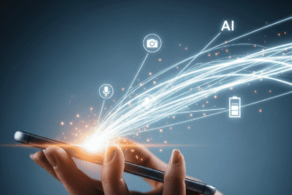 A smartphone held in a hand, with glowing lines representing artificial intelligence flowing from the device and connecting to icons for camera, voice, and battery
