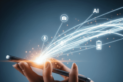 A smartphone held in a hand, with glowing lines representing artificial intelligence flowing from the device and connecting to icons for camera, voice, and battery