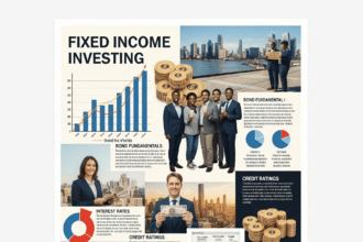 A sturdy lighthouse representing the safety and reliability of fixed income investing, shining a light through a stormy and volatile financial market