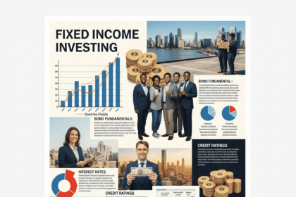 A sturdy lighthouse representing the safety and reliability of fixed income investing, shining a light through a stormy and volatile financial market