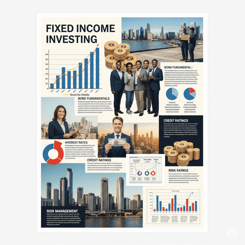 A sturdy lighthouse representing the safety and reliability of fixed income investing, shining a light through a stormy and volatile financial market