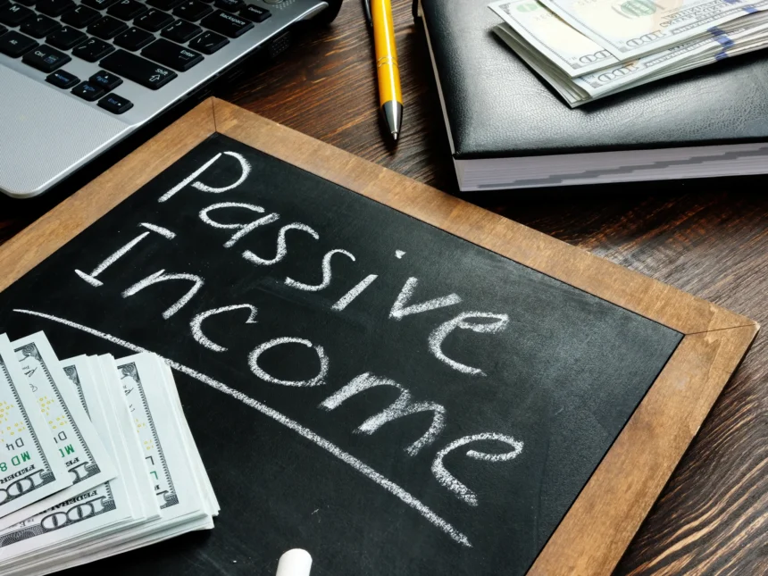 A top blog writer working in a bright, modern office, outlining a strategy for selling digital products for passive income in 2025