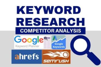 magnifying glass hovering over a computer screen displaying a list of PPC keywords with metrics like search volume and CPC.