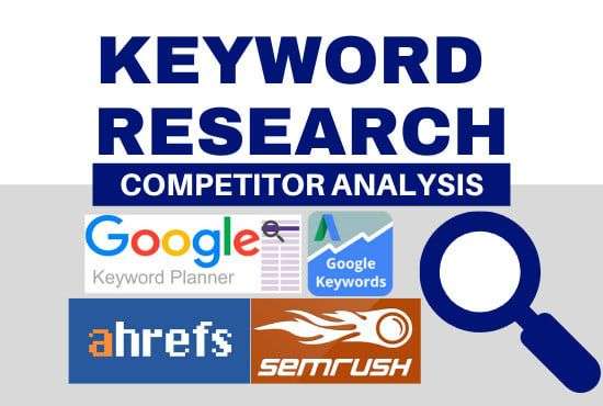 magnifying glass hovering over a computer screen displaying a list of PPC keywords with metrics like search volume and CPC.