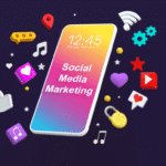 A small business owner smiling while using a laptop and smartphone to manage their social media marketing. Various social media icons float around them, illustrating a successful online presence.