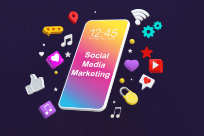 A small business owner smiling while using a laptop and smartphone to manage their social media marketing. Various social media icons float around them, illustrating a successful online presence.