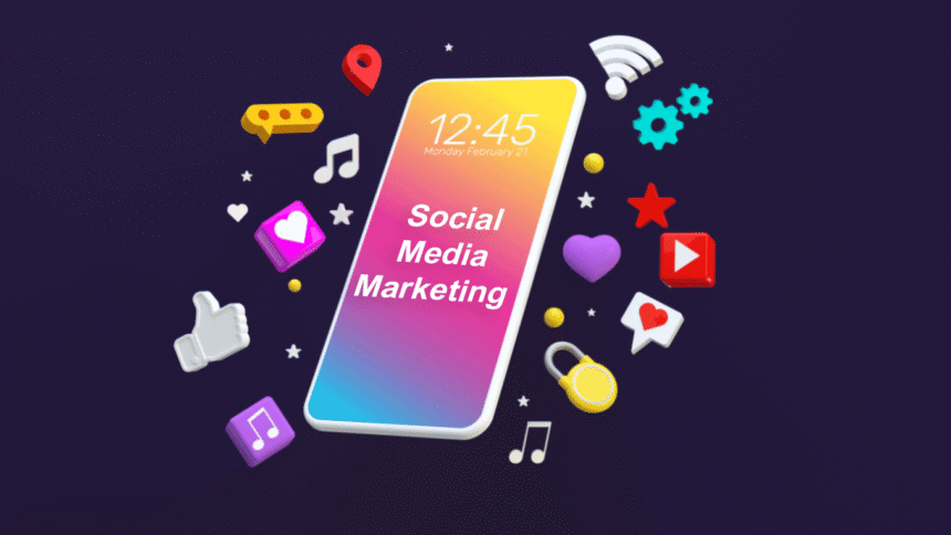 A small business owner smiling while using a laptop and smartphone to manage their social media marketing. Various social media icons float around them, illustrating a successful online presence.