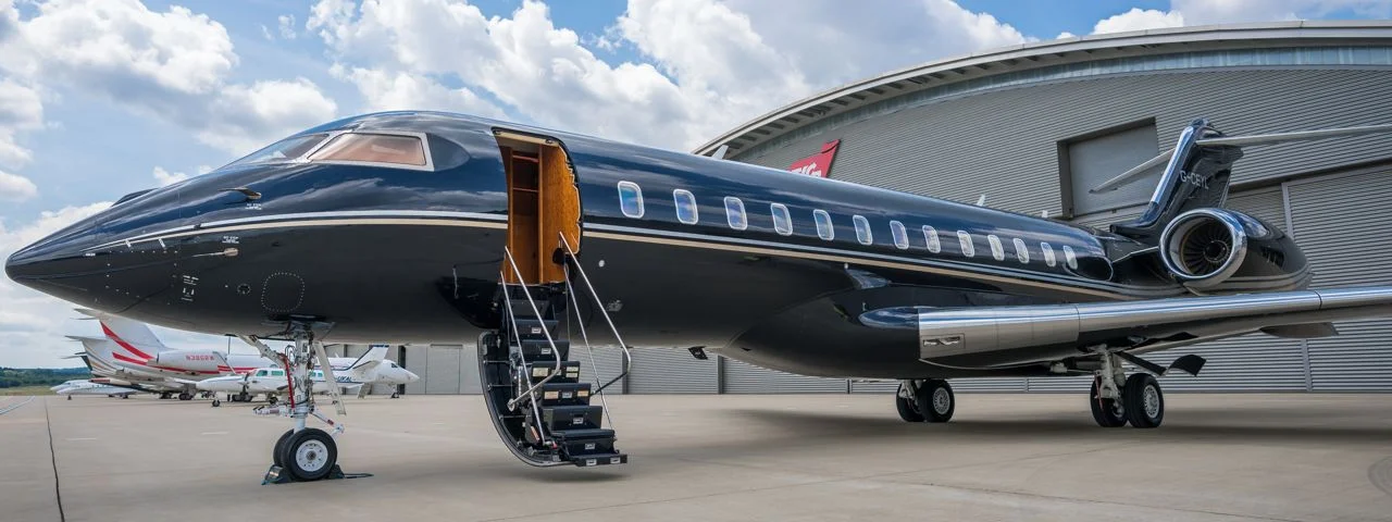 A sleek, modern private jet on a tarmac at sunset, with a couple in luxurious attire walking towards it, evoking a sense of exclusivity and freedom. The term "private jet charter" is subtly visible.