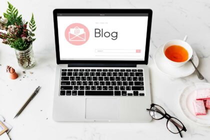 writer crafting an SEO-friendly blog post with keyword research concepts visualized.