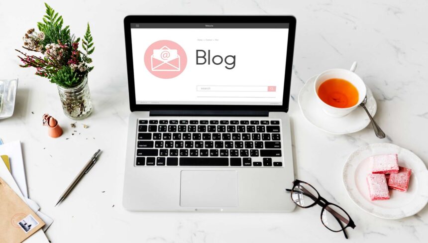writer crafting an SEO-friendly blog post with keyword research concepts visualized.