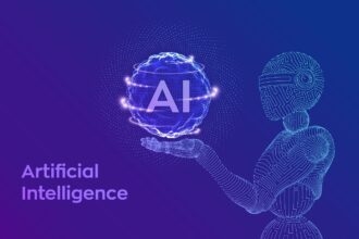 A futuristic brain made of glowing blue circuit lines, representing the future of AI and innovation in future tech