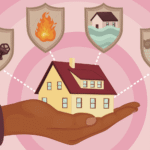 A vibrant illustration of a diverse range of homes—a single-family house, a condo, and a historic home—all sheltered under a large, protective umbrella labeled 'Comprehensive Home Insurance.' This image represents the security offered by understanding the different types of home insurance policies