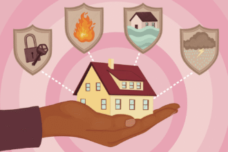 A vibrant illustration of a diverse range of homes—a single-family house, a condo, and a historic home—all sheltered under a large, protective umbrella labeled 'Comprehensive Home Insurance.' This image represents the security offered by understanding the different types of home insurance policies