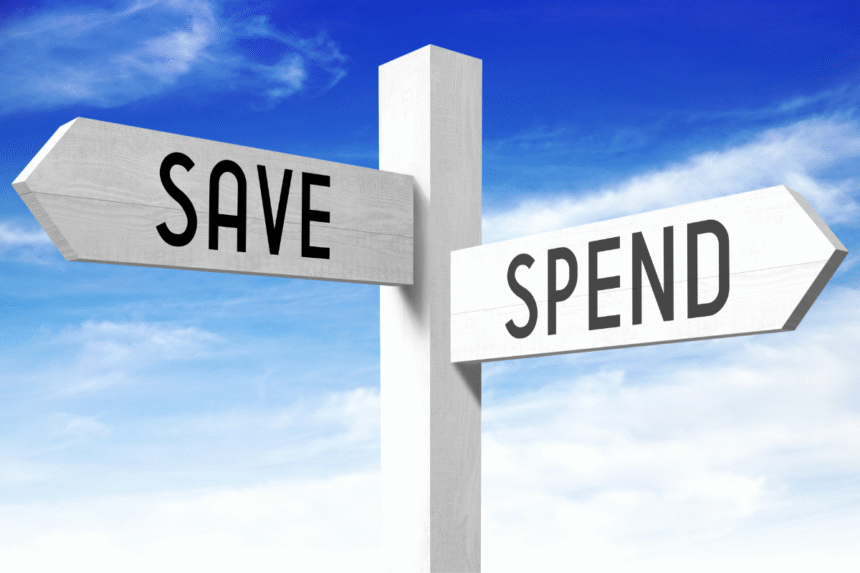 A balanced scale with "Saving" on one side and "Spending" on the other, symbolizing financial equilibrium.